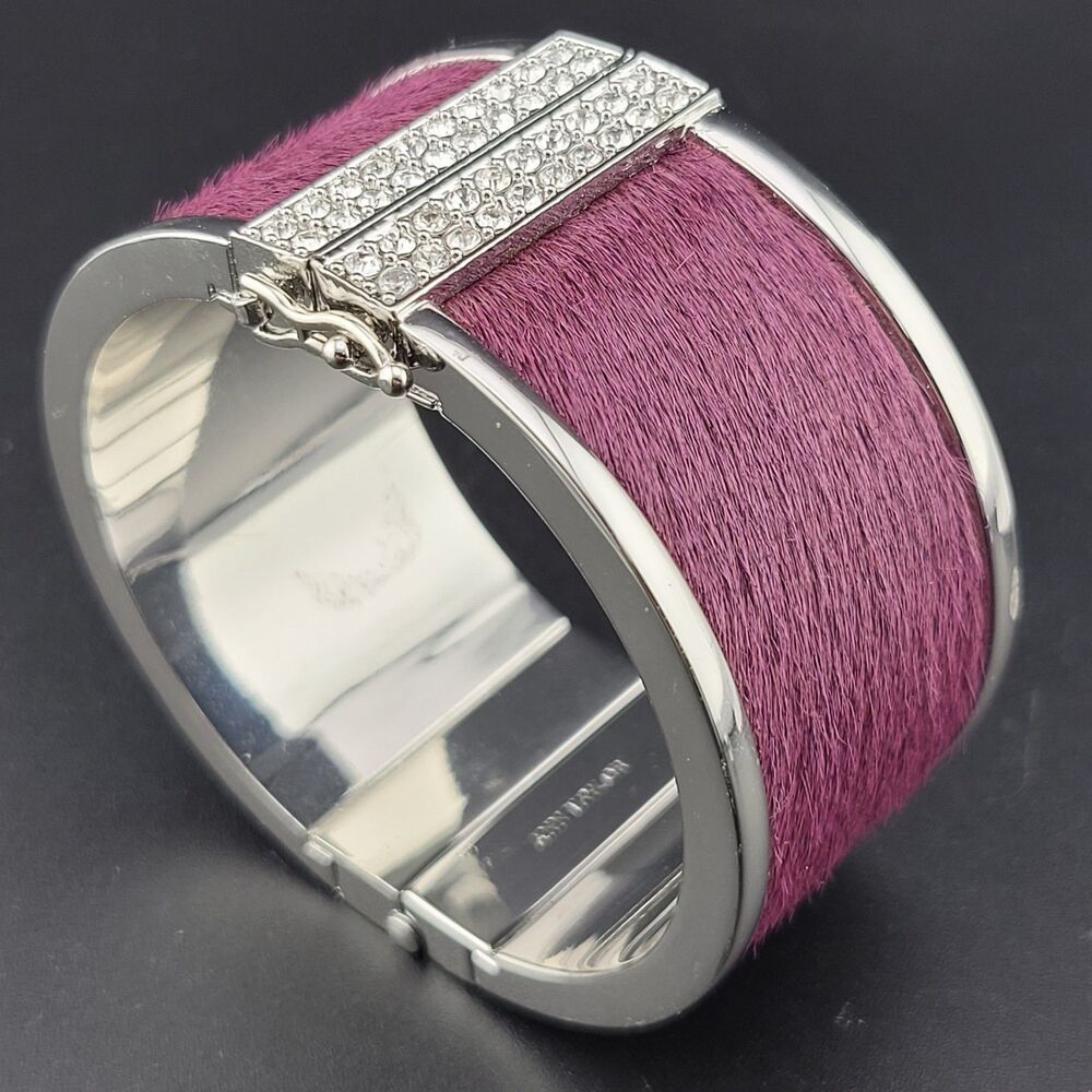 Heavy Signed Anne Taylor Purple Faux Fur Crystal Hinged Bangle Bracelet Small 6"